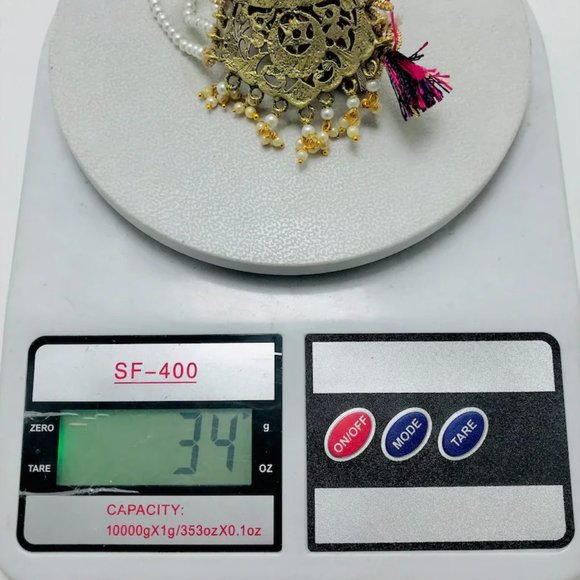 Pearls Beaded Chain Necklace With Big Golden Metal Motif, Handmade Beaded - Picture 7 of 12